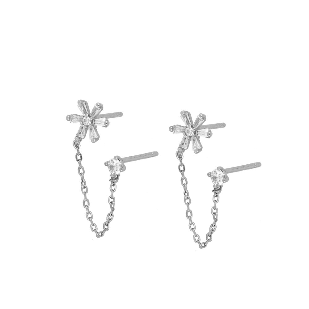 Silver Flower Chain Earrings